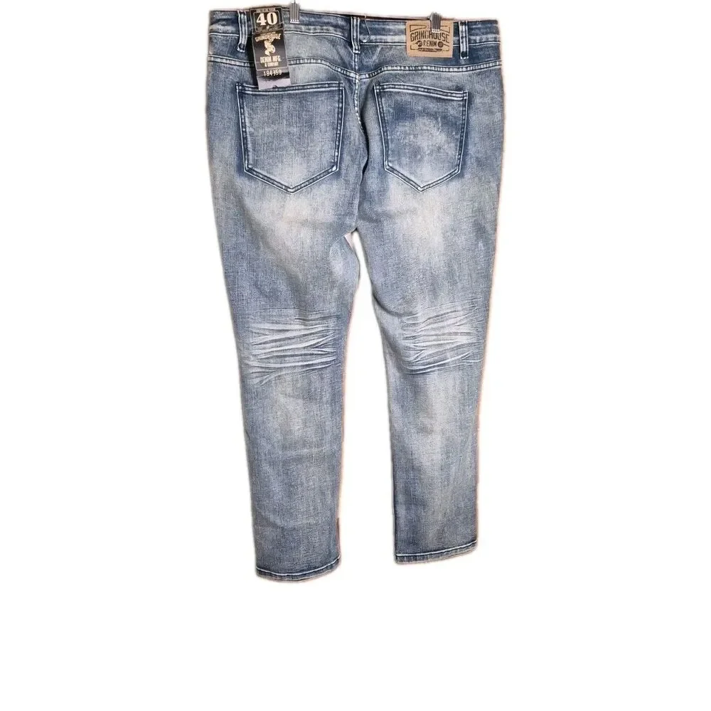 Grindhouse Denim Mens 40x32 Distressed Blue Jeans Stretchy Ripped High Rise NWT - Picture 2 of 12